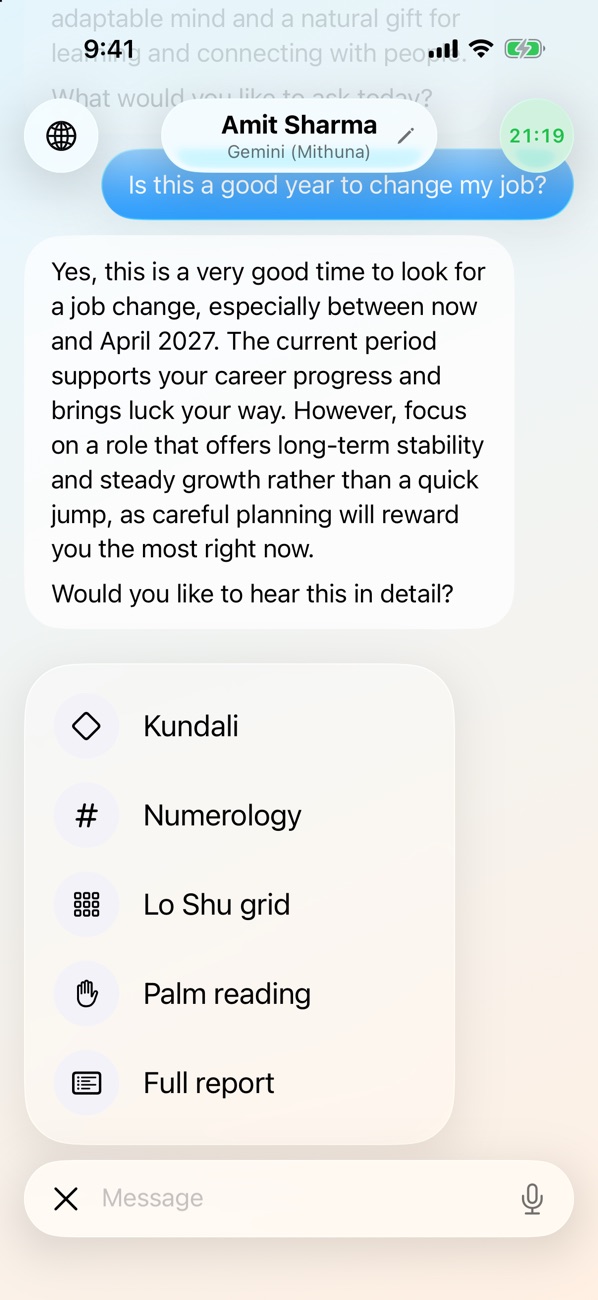 The plus menu with Kundali, Numerology, Lo Shu grid, Palm reading and Full report